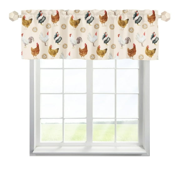 Watercolor Hen Rooster Eggs Kitchen Valances 54''x18'' Chicken Half Window Curtains Panel Rod Pocket Farm Birds for Kitchen Farmhouse Bedroom Living Room Bathroom Decor