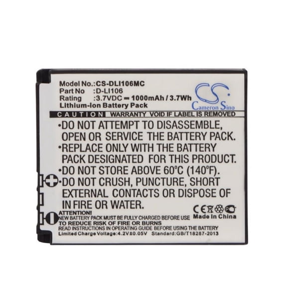1000mAh Pentax D-LI106 Battery for MX-1 Optio X90