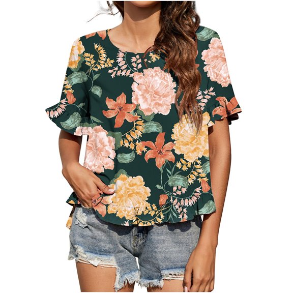 OAVQHLG3B Plus Size Tops for Women Summer Casual Round Neck Printed Front Short Back Long Casual Top