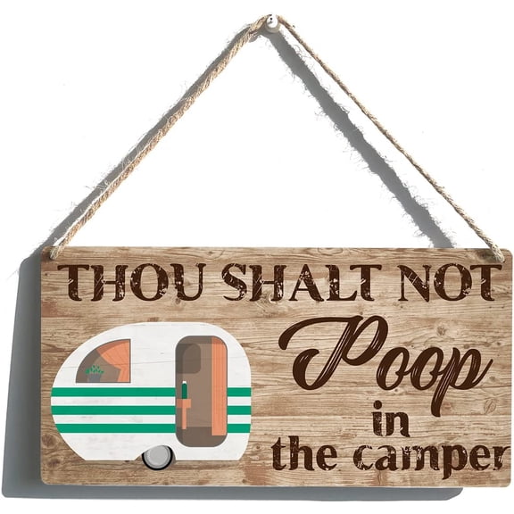 Camping Sign Funny Farmhouse Thou Shalt Not Poop in The Camper Wooden Hanging Sign Plaque Rustic Retro Wall Art Decor Home Bathroom Decoration 10x5 Inch