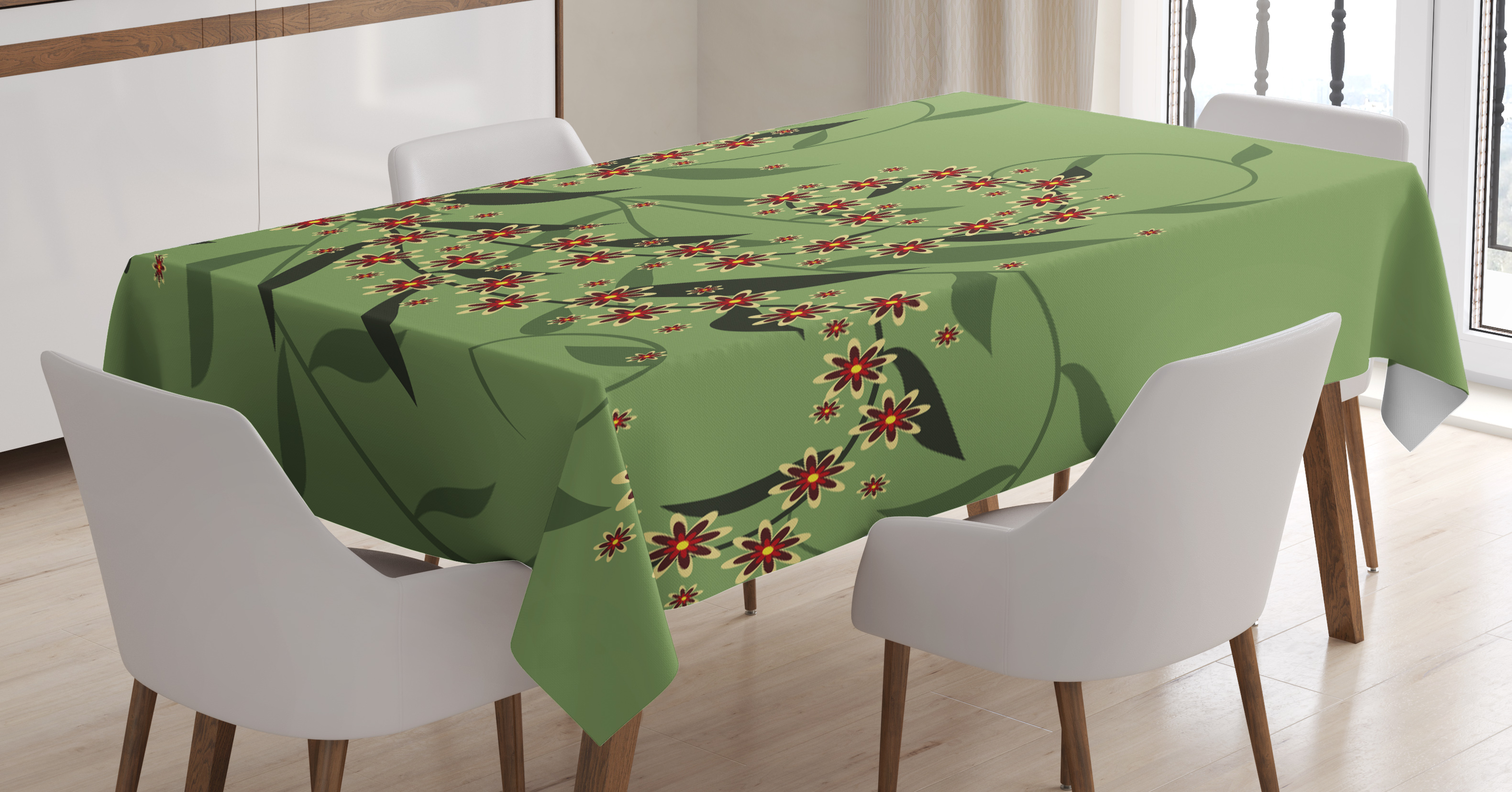 Floral Tablecloth, Retro Blooming Graphic Spring Flowers on Curvy Branches Botanical Garden