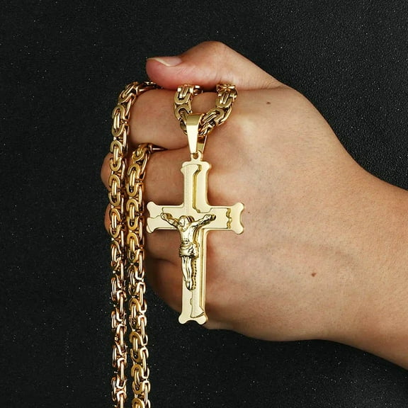 New Arrival Jesus Cross Pendant Necklace Link Byzantine 14K Yellow Gold Men Jewelry Collier