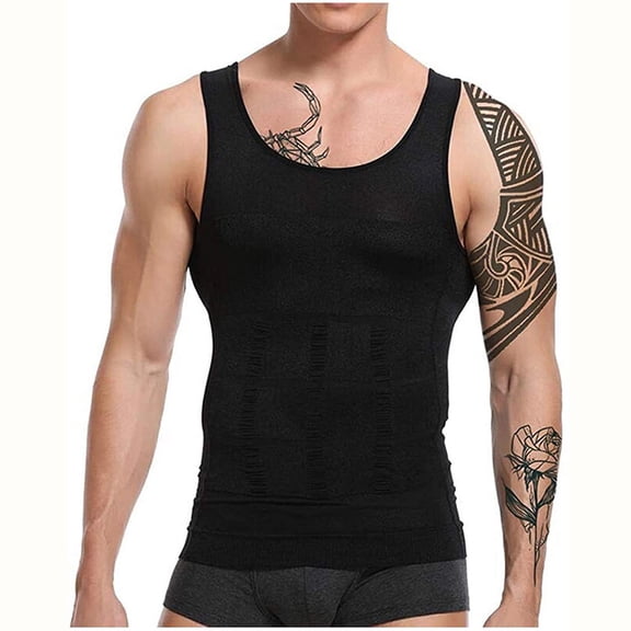 Mens Tank Top for Men Big and Tall, Male Compression Shirt, Enhance Chest and Mid-Section Black L