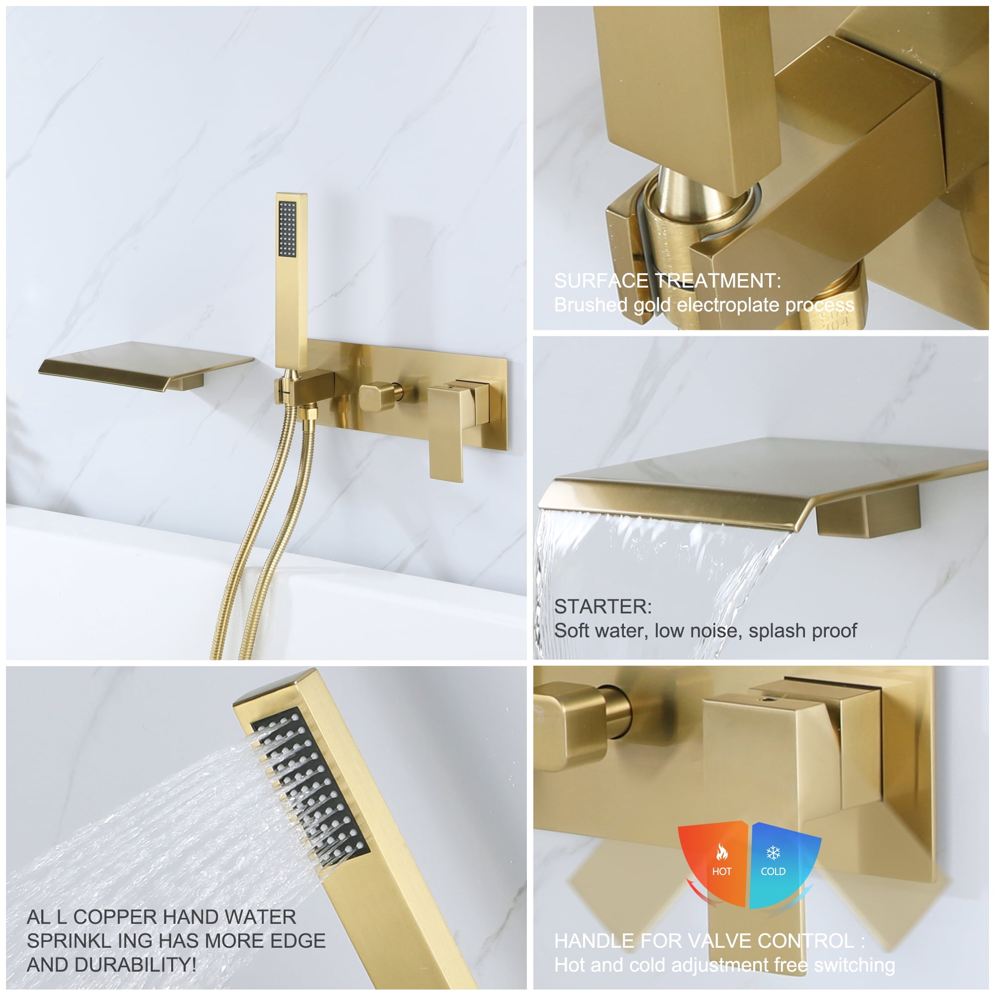 Wall Mounted Tub Filler with hand shower, Two Handles Brushed Gold Waterfall Bathtub Faucet with Rough-in Valve