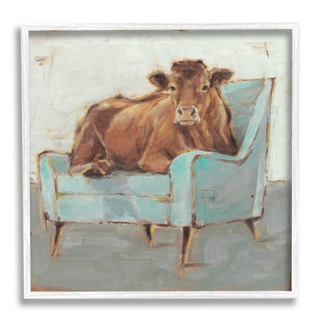 Brown Bull on a Blue Couch Neutral Color Painting Animals & Insects Framed Art Print Wall Art, 17x17