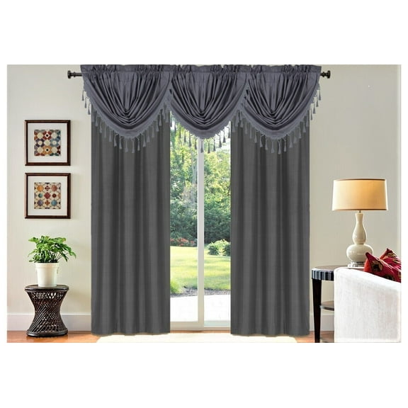 Set of 5 piece 2 panels R64 and 3 matching waterfall valances CHARCOAL color blackout light filtering lined window curtain for living room, bedroom, sliding door décor
