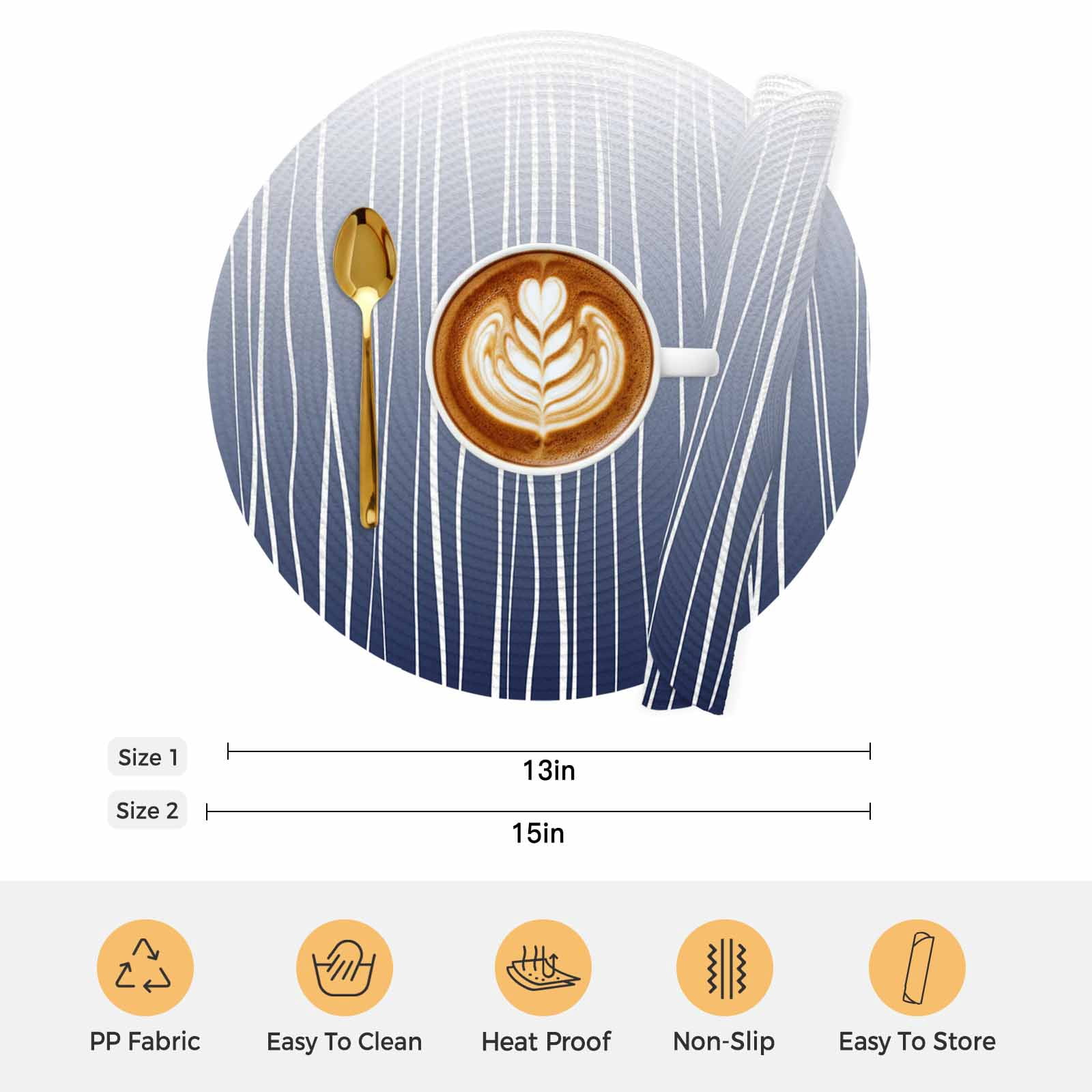 Blue White Round Placemats Set of 8 Ombre Gradient Striped Minimalist Texture Place Mats Indoor Woven Table Mats Washable Heat-Resistance Braided Dining Table Placemats for Kitchen Party 15 Inch