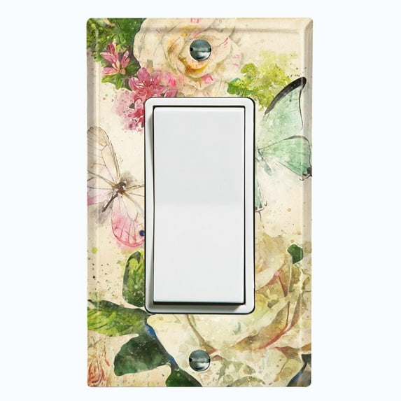 Metal Light Switch Plate Outlet Cover White Rose Flower Butterfly ROS004