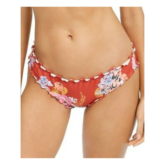 SUNDAZED Women's Orange Floral Stretch Ruffled Lined Moderate Coverage Shirred Bikini Swimsuit Bottom XL