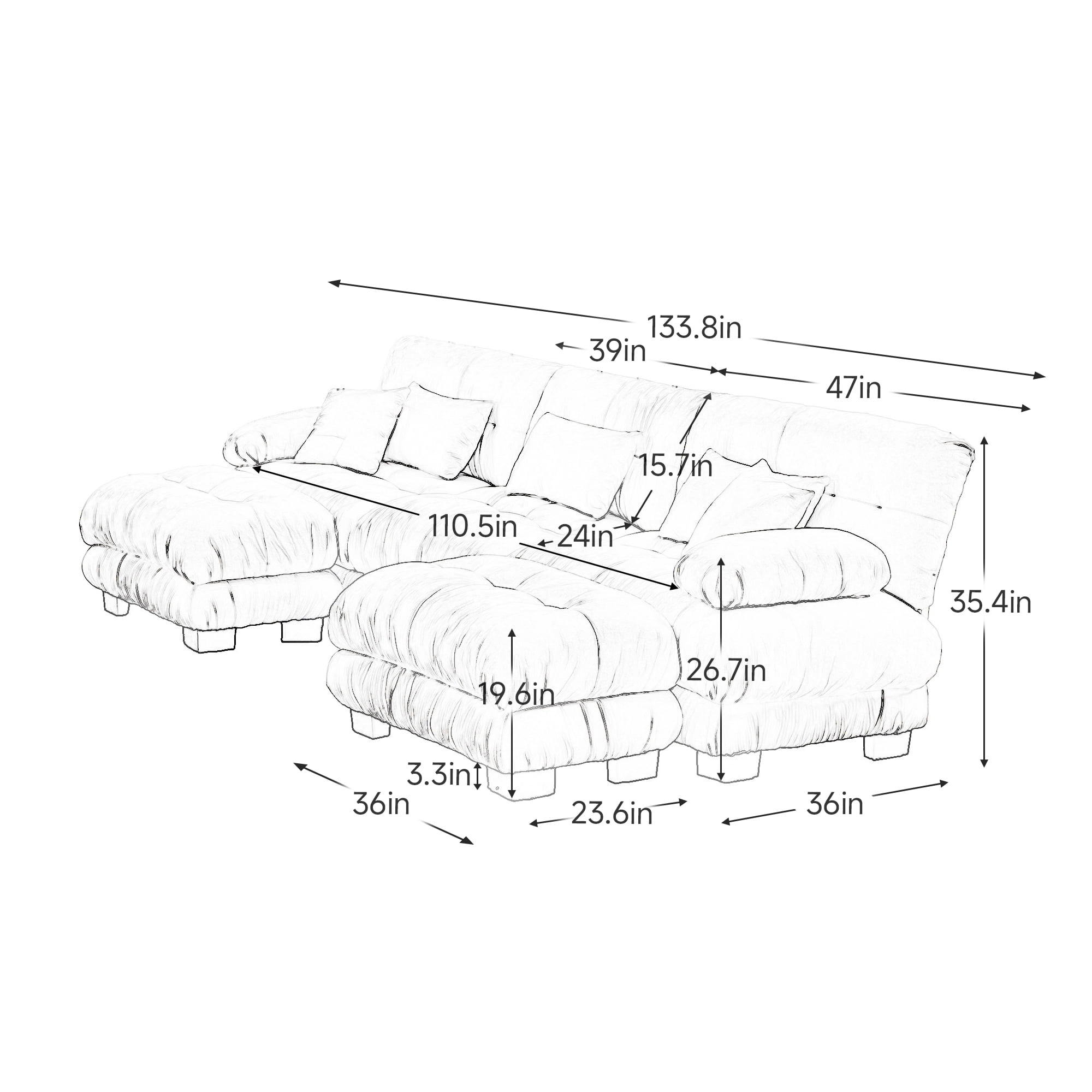 Alvantor Oversized Modular Sectional Sofa 3 Seat U Shaped Cloud Couch 134" Chenille Deep Seat Sofa with Convertible Ottomans for Living Room Bedroom Gray