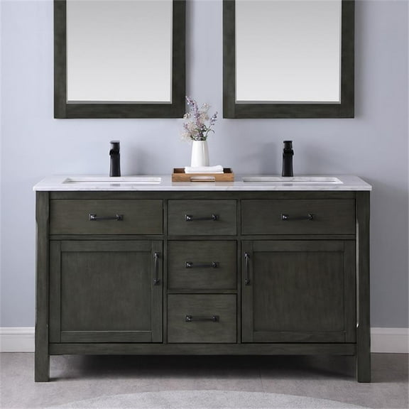 Maribella 60" Carrara White Marble Countertop Double Vanity w/o Mirror Black