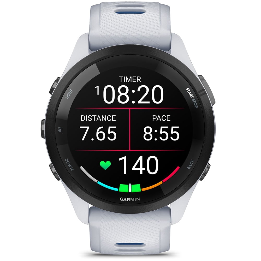 Garmin 010-02810-01 Forerunner 265 GPS Smartwatch Whitestone/Tidal Blue Bundle with Garmin Heart Rate Monitor Accurate Heart Rate & HRV Data Strap M-XL and Deco Essentials Collapsable Water Bottle