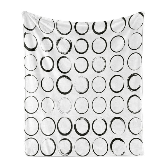 Black and White Soft Flannel Fleece Throw Blanket, Circles with Brush Stroke Effects Hand Drawn Grunge Style Design, Cozy Plush for Indoor and Outdoor Use, 60" x 80", Black White, by Ambesonne