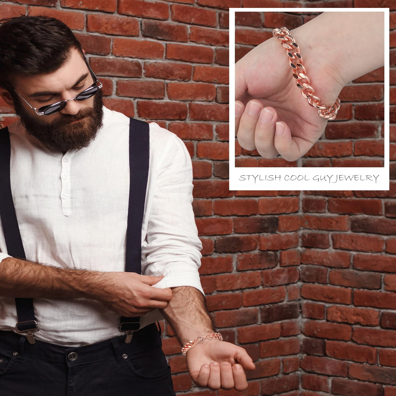 2Pcs Copper Bracelets for Men, 7.5in Link Bracelet, Pure Plated Copper Wide Chain, Solid Color for Mens, Valentine Men's Gift, Women, Health Jewelry, Christmas