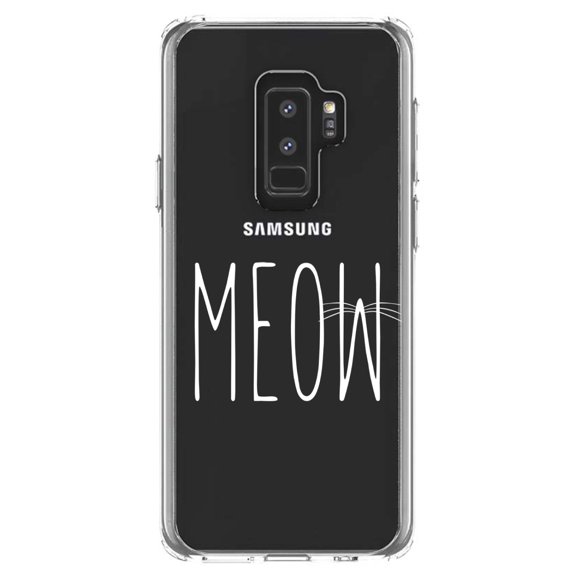 DistinctInk Clear Shockproof Hybrid Case for Samsung Galaxy S9  PLUS (6.2" Screen) - TPU Bumper Acrylic Back Tempered Glass Screen Protector - Meow - Cat Whiskers
