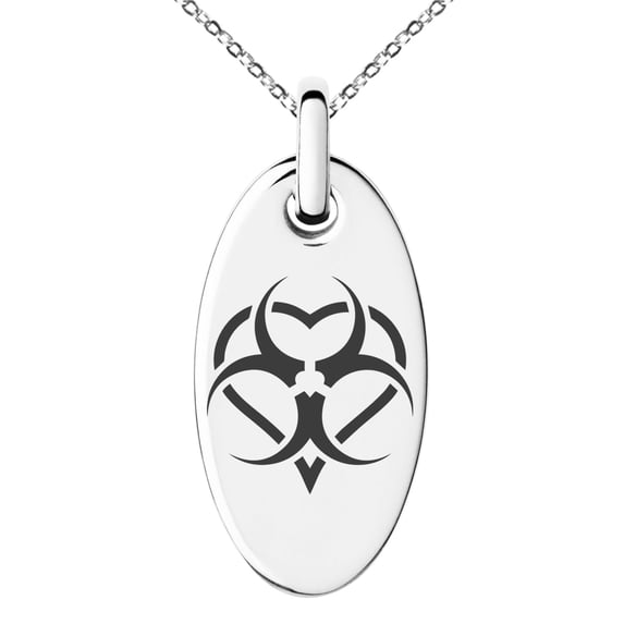 Stainless Steel Biohazard Love Heart Engraved Small Oval Charm Pendant Necklace