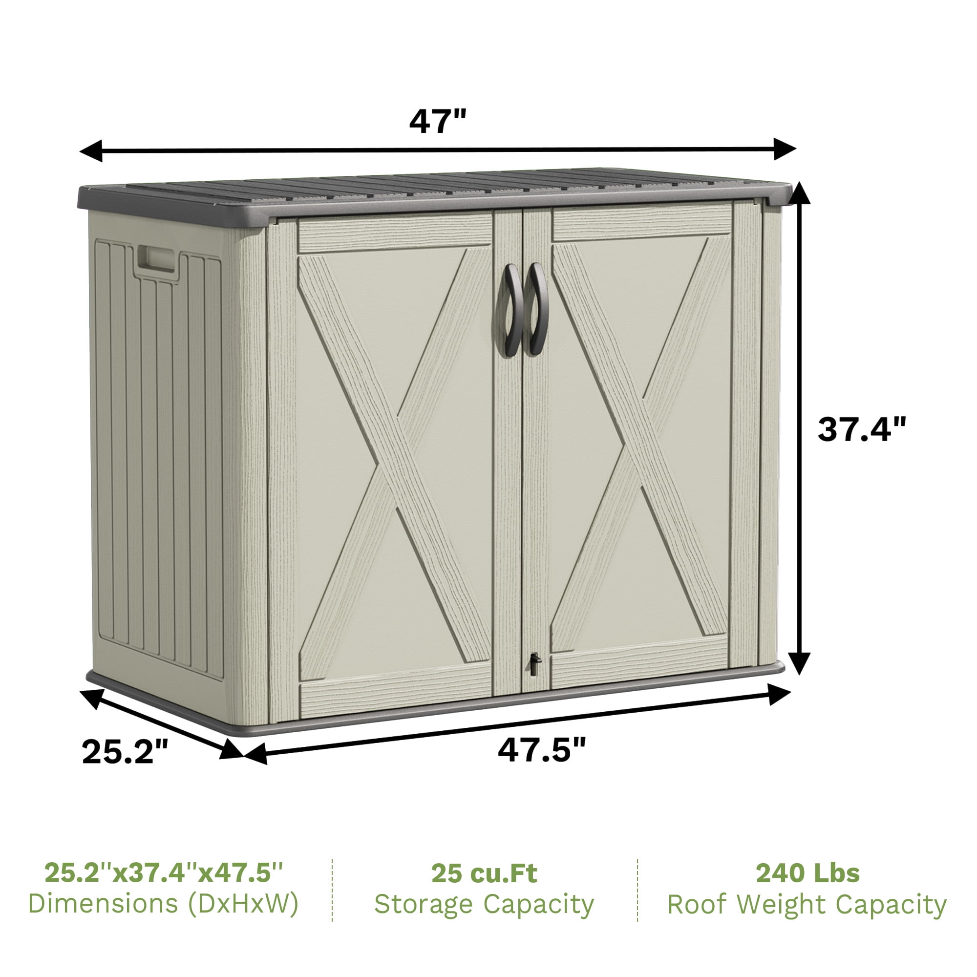 Patiowell 25 Cu.ft Outdoor Storage Shed with Floor, Horizontal Weatherproof Resin Cabinet for Patio, Garden Tools, Pool Supplies, Beige