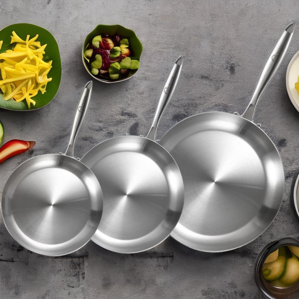 LOLYKITCH Tri-Ply Stainless Steel Pan Set, 8.5-Inch, 10-Inch, 12-Inch Chef & Frying Pan, Induction & Oven Safe