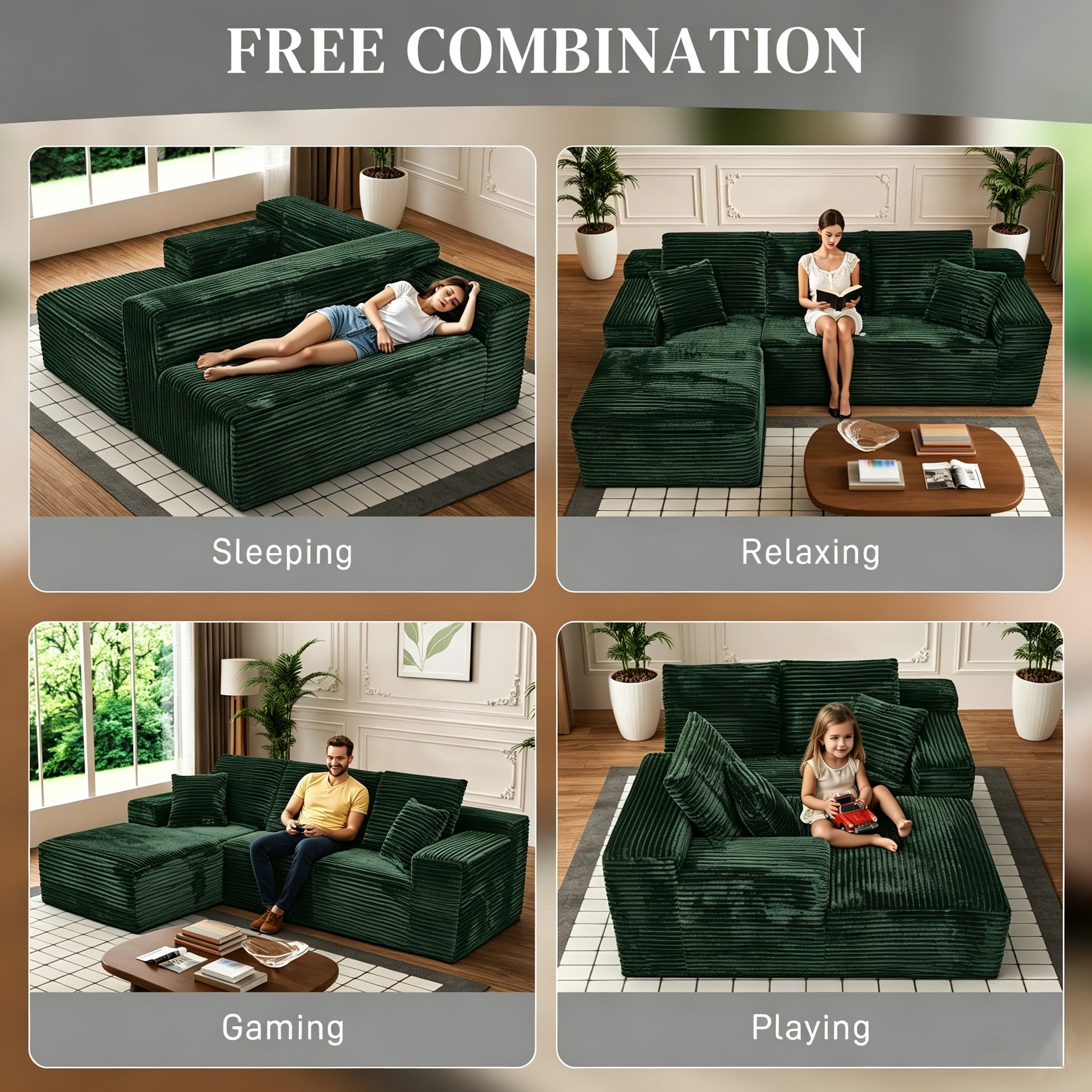 AISWORD 107.5" Corduroy Boneless L Shaped Modular Sectional Sofa with Left Facing Chaise, Deep Seat Compressed Couch with Throw Pillows, No Assembly Required, Green
