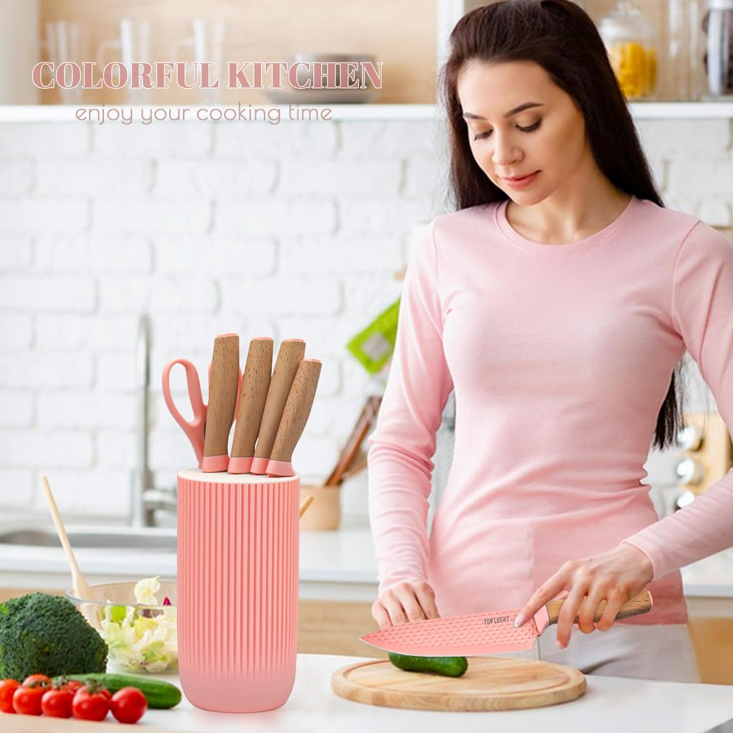 Kitchen Knife Set, 6 Pieces Green Professional Knife Set with Universal Knife Block, Super Sharp Knife Set with Ergonomic Handle, Non-stick Stainless Steel Knife Block Set