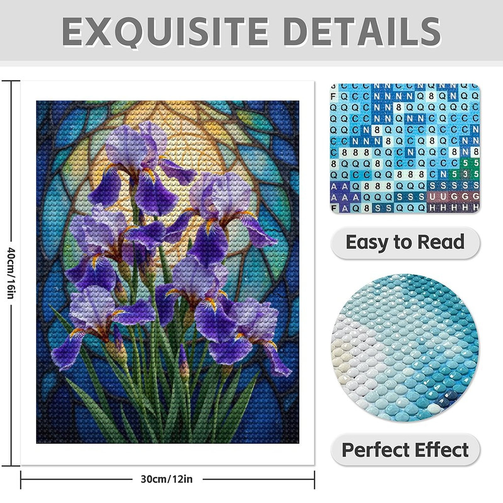 Diamond Art Kit for Adults, Irises Stained Glass Background Diamond Painting for Adults Beginners, 5D DIY Diamond Art Painting Kits, Colorful Diamond Painting Craft for Home Decor 12x16 Frameless