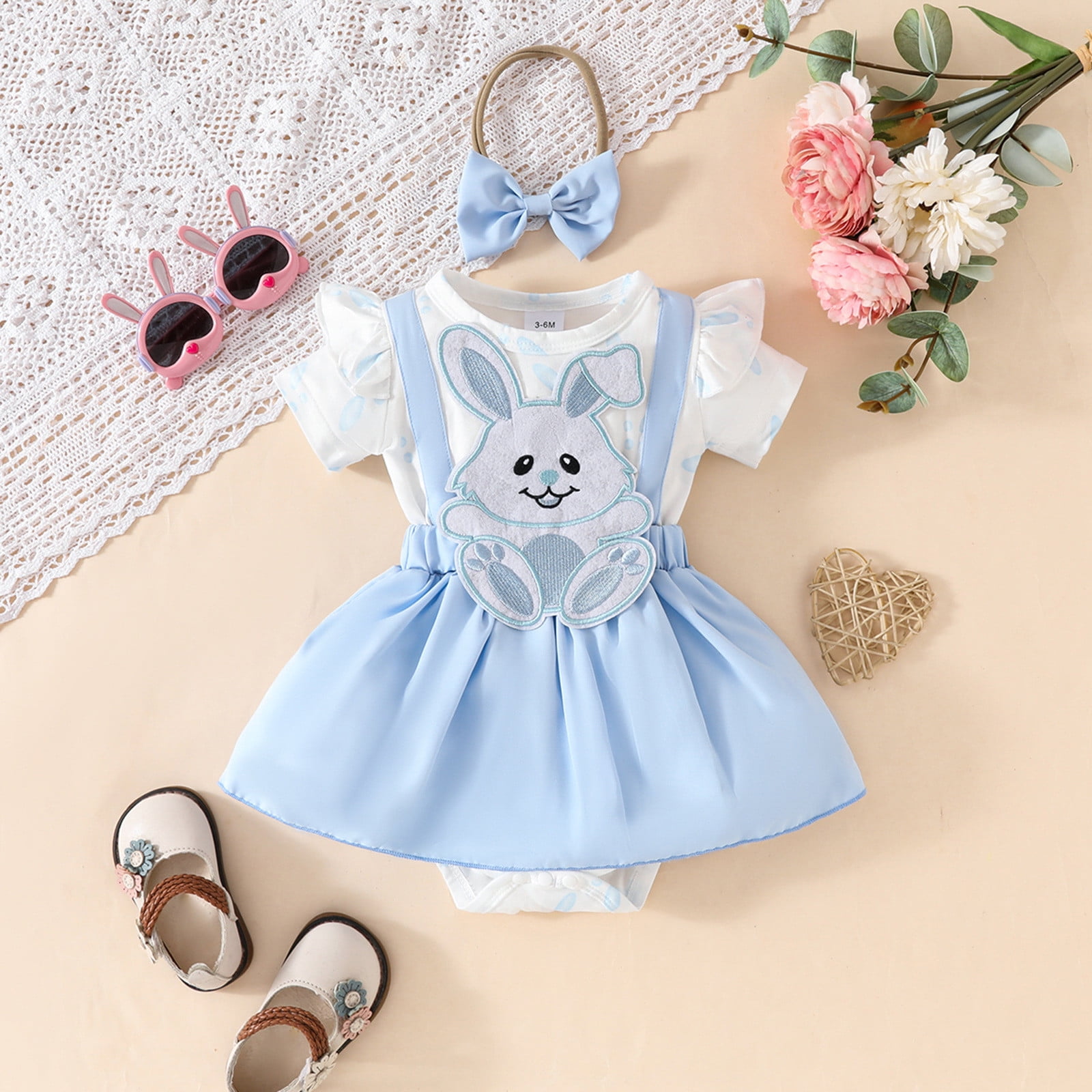 Girls Easter Outfits Infant Girls Short Sleeve Easter Cartoon Rabbit Prints Romper Newborn Bodysuits Dress Headbands Set My First Easter Light Blue 12 Months-18 Months
