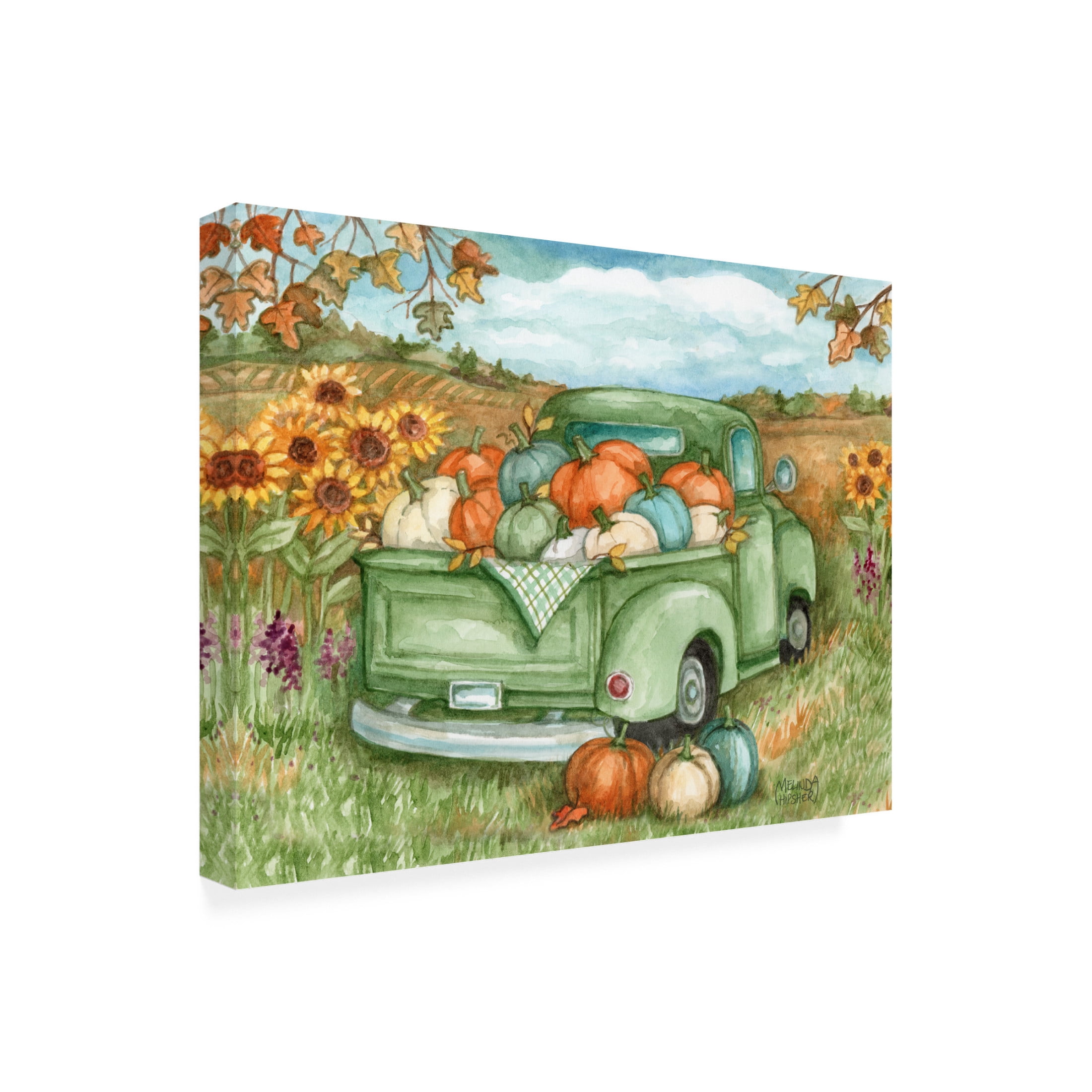 Canvas Wall Art - Melinda Hipsher 'Green Truck With Pumpkins In Autumn Sunflower Field' Wall Art for Living Room, Bedroom, or Office Décor by Trademark Fine Art - 32 x 24 Inches
