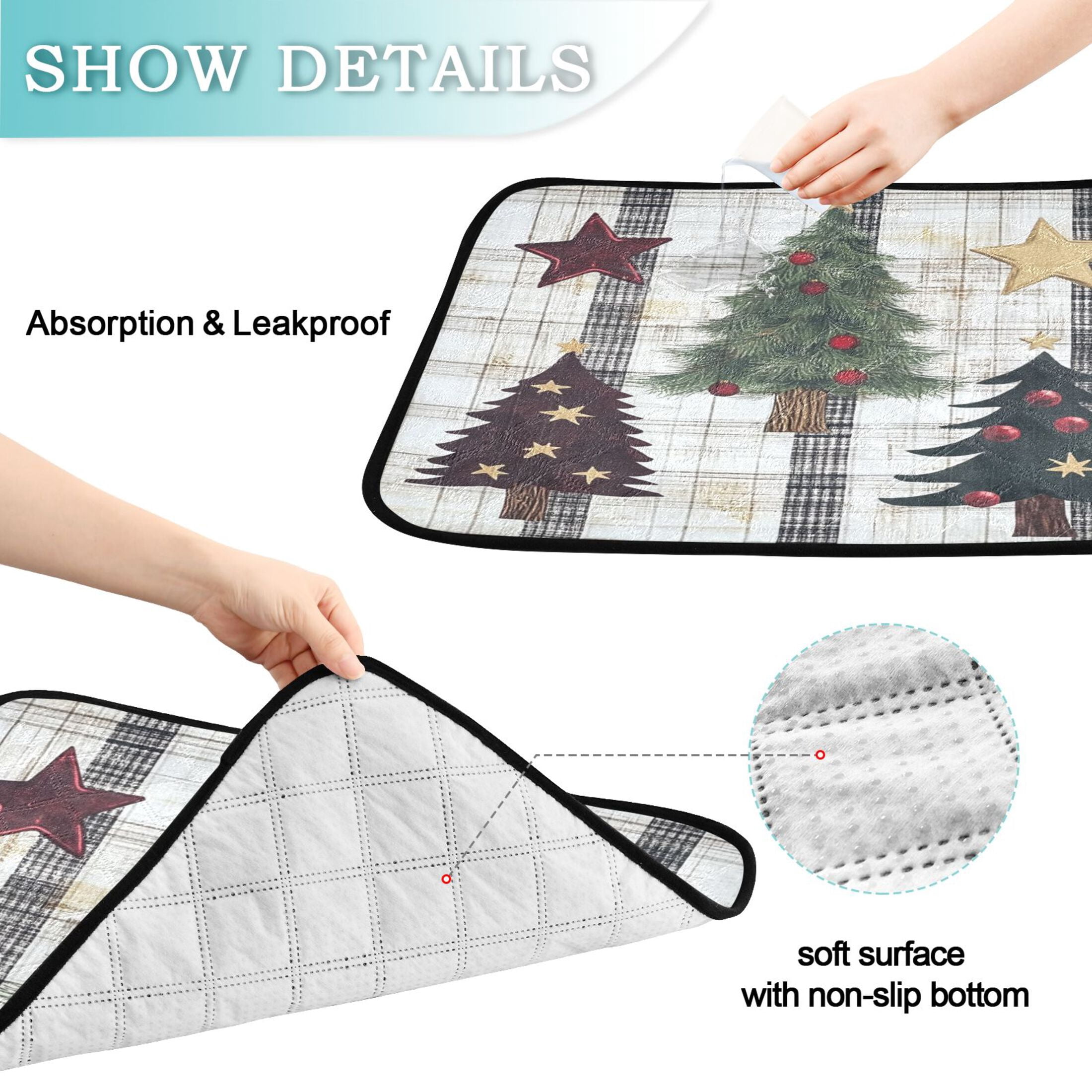 Qxltty Christmas Trees on Black Lines Pattern Cat litter Pads Pet Set of 3 Diaper Mats Center Anti-leakage Layer Absorbent Soft and Comfortable