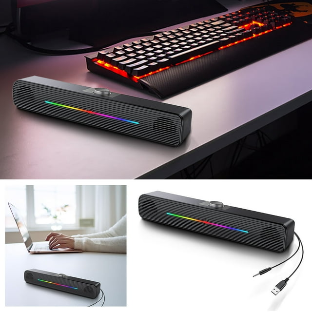 RGB USB Powered Computer Speakers With 3.5mm Aux For PC Laptop Tablet Phone, Compact Stereo, LED Lighting, Plug‑And‑Play, High Output Sound, Slim Desk Or Gaming Setup, USB Power For Home Office