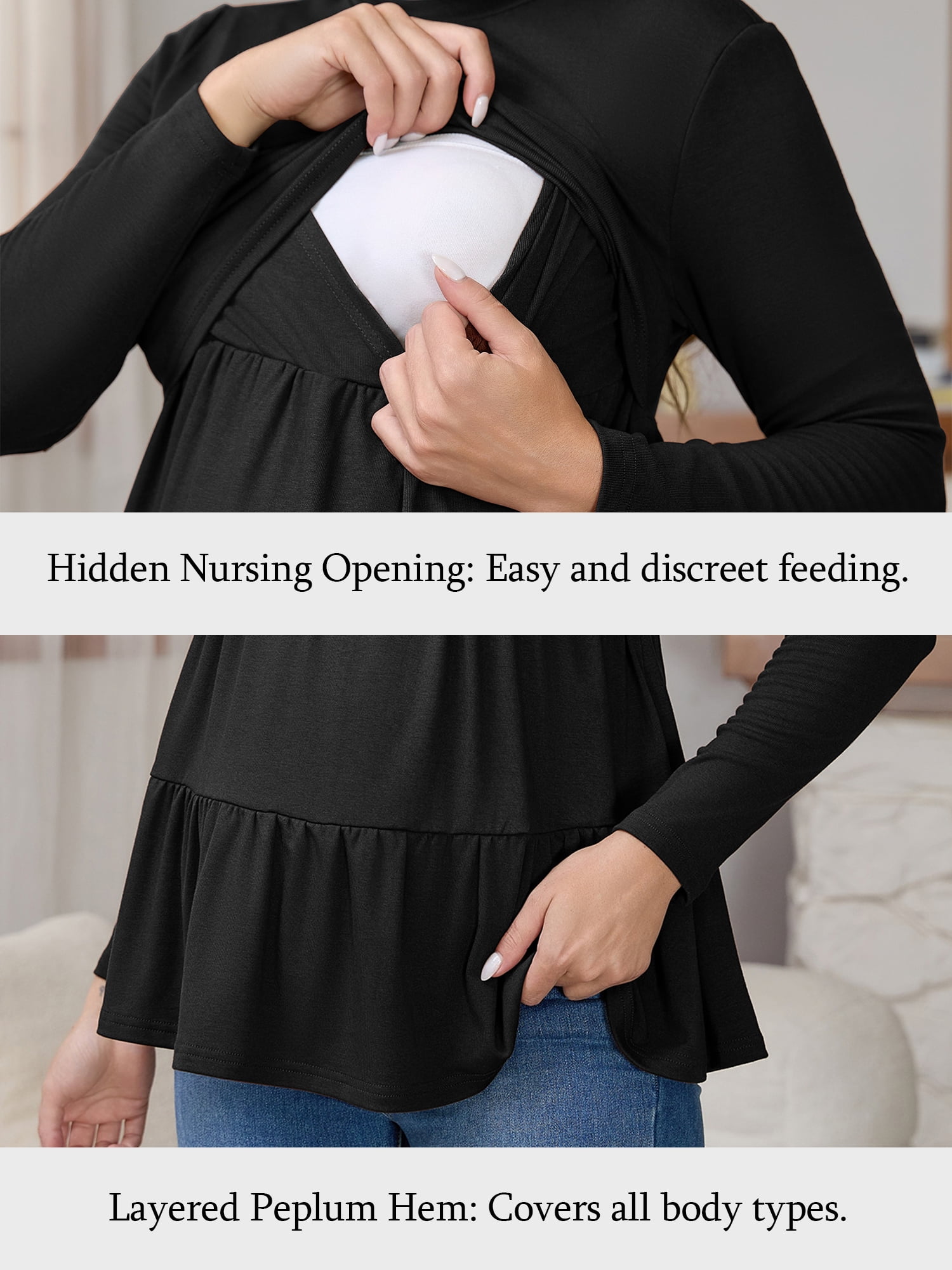 DARING DIVA Women's Nursing Breastfeeding Long Sleeve Tiered Pumping T-Shirts 2XL Black
