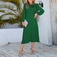 thumbnail image 3 of Vestido midi liso fruncido de verano para mujer, elegante vestido de oficina con cuello redondo y manga larga con lazo, vestido de moda elegante y ajustado para mujer, 3 of 5