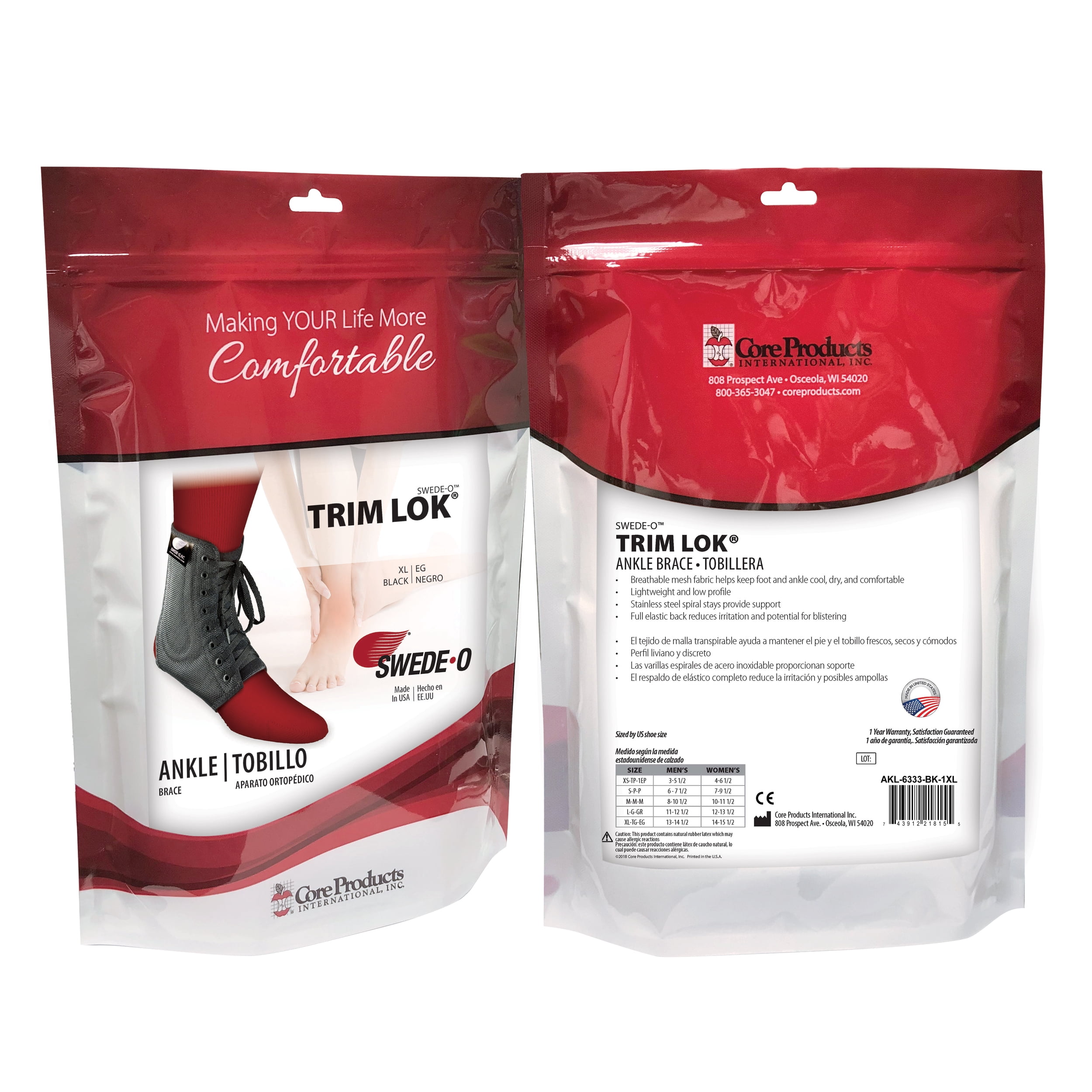 Swede-O Trim Lok Ankle Brace, Laced, Reinforced, Lightweight Breathable Mesh, for Football, Soccer, Black, XLarge