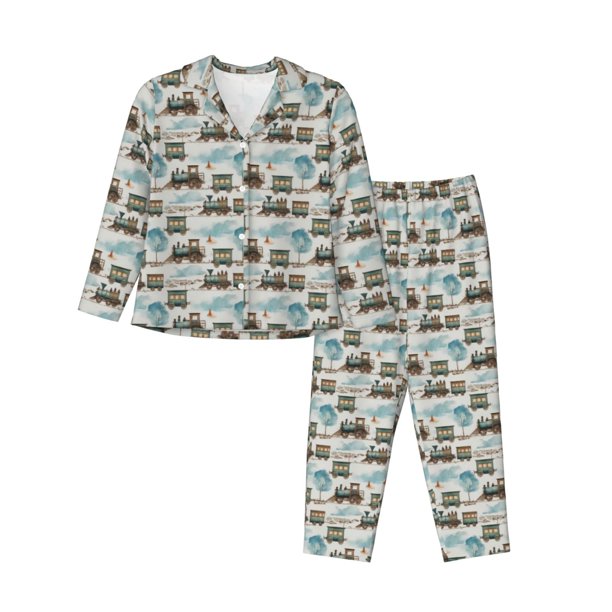 Fotbe Transport Train Conjunto de Pijama de Manga Larga para Mujer con Estampado, Ropa de Dormir de 2 Piezas, Conjunto de Casa Suave y Cómodo con Bolsillos-X-Large