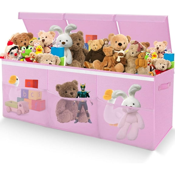 Ikerall pink oversized toy storage box, equipped with three side pockets and a detachable lid, foldable, suitable for use in nurseries, closets, bedrooms, playrooms (36 x 13 x 16 pink)