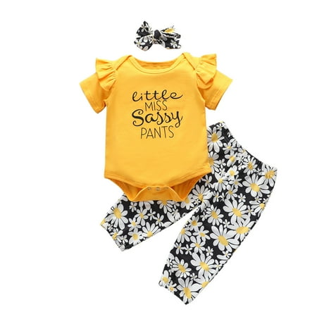 

Outfits for Girls Short Sleeve Romper Pants Letter Headbands Floral Toddler Boy Outfits Set