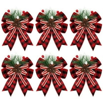 BinKFF 6 Pcs Christmas Bows with Pine Cones Pine Needles Xmas Buffalo Plaid Bows Black White Plaid Ribbon Christmas Tree Wreath Decoration for Xmas Parties Indoor Outdoor DIY Decor