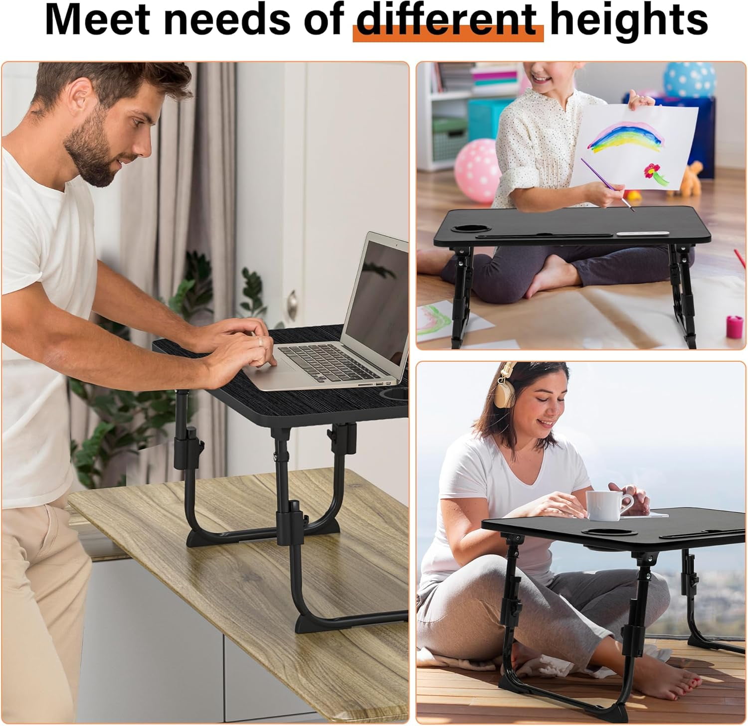 Laptop Desk for Bed Height Adjustable, Lap Bed Table with USB/Storage Drawer/Cup Holder/Tablet Stand/Book Shelf, Foldable Breakfast Tray Portable for Reading Writing, Bed, Sofa & Floor, Black