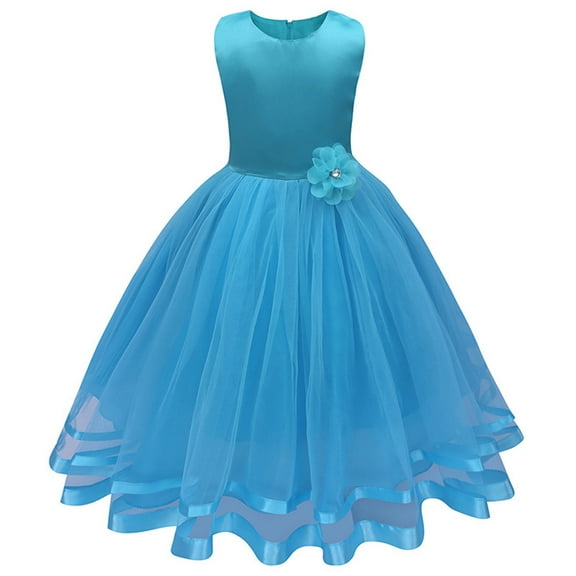 Odeerbi Toddler Girls Solid Color Flowers Net Yarn Bowknot Birthday Party Flowers Gown Kids Dresses