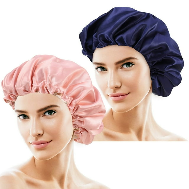 CNKOO 2 Pack Sleep Cap Silk Bonnet Satin Hair Cap for Sleeping Salon Bonnet Waterproof Suitable for Female Hair Care(Black)
