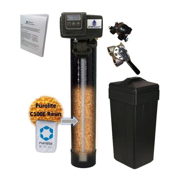 AFWFilters Purolite Metered Water Softener 48,000 48k Whole House Water Softener with Fleck 5600SXT and Upgraded C100E Purolite Resin 1" Stainless Steel Bypass