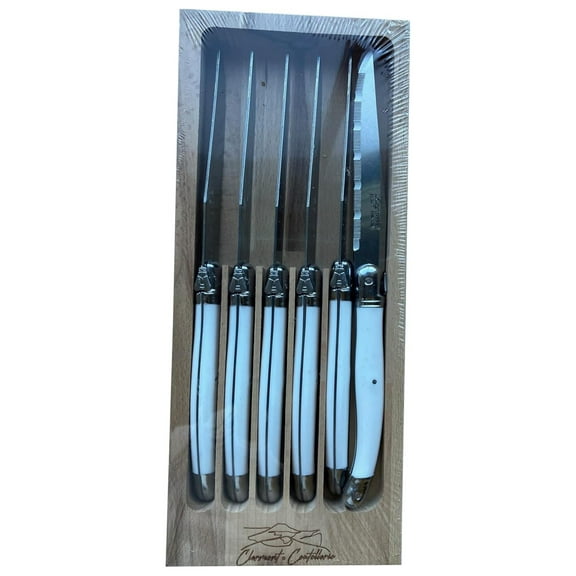 Laguiole Serrated Edge Sharp Premium Dishwasher Safe Full Stainless Steel 6-Piece Steak Knife Set, Cream Handle
