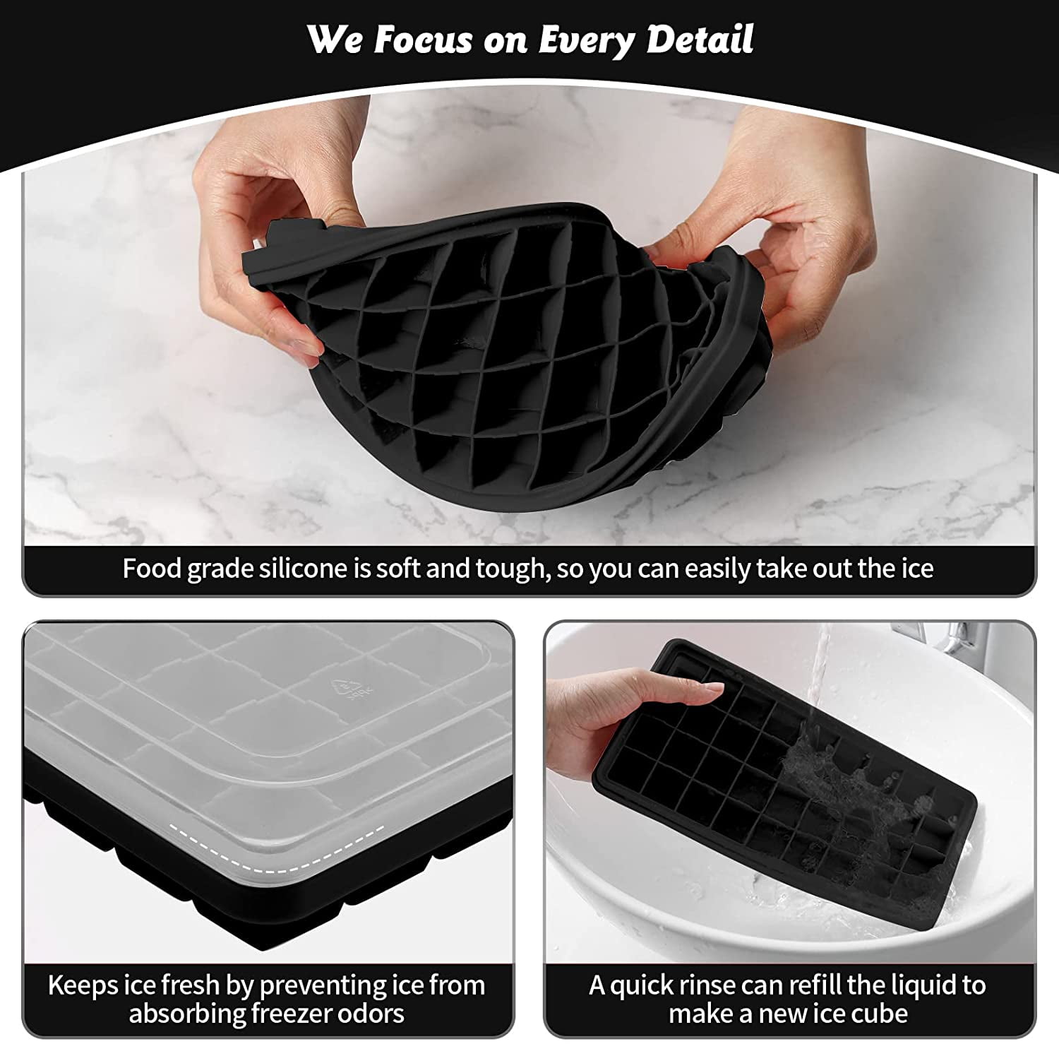 Silicone Ice Cube Tray with Leak-Proof Lid & Storage Bin for Freezer – BPA-Free 36-Piece Nugget Ice Molds, Spill-Resistant Cover & Ice Scoop Container Cover Deep Black