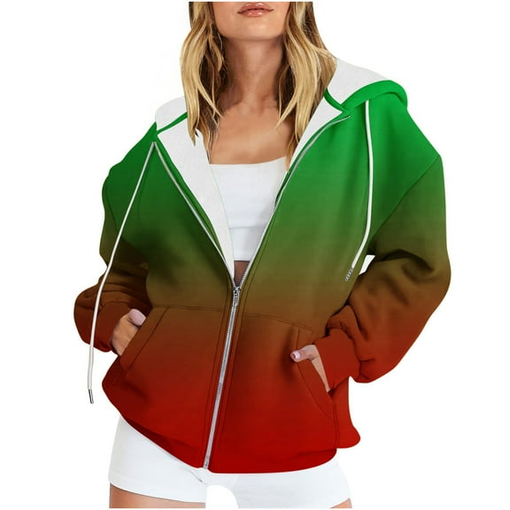 Scyoekwg Womens Coats Zipper Drawstring Hooded Sweatshirts Jacket Hoodies Coats with Pocket Loose Outwear Long Sleeve Casual Gradient Color Outerwear (Green,S)