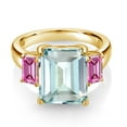 thumbnail image 2 of Gem Stone King 18K Yellow Gold Plated Silver 3-Stone Ring Octagon Sky Blue Simulated Aquamarine and Vivid Pink Moissanite (6.55 Cttw, Size 9), 2 of 3