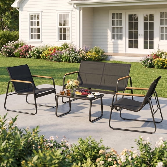 4 Pieces Patio Furniture Set, Lofka Outdoor Patio Furniture with 2 Textilene Fabric Chairs, Loveseat, Bistro Table and Removable Cushion, Perfect for Outdoor Patio Lawn Garden Poolside, Gray