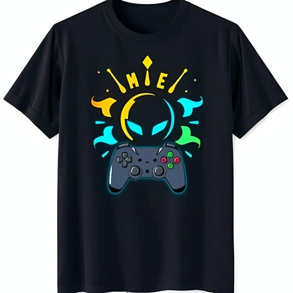Playful Blue T-Shirt with Colorful & Game Controller Graphic