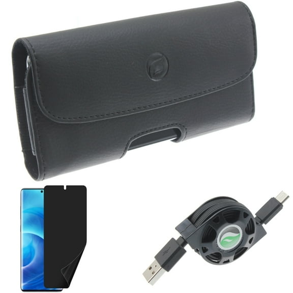 Privacy Screen Protector w USB Cable w Case Belt Clip for Samsung Galaxy S20 - TPU Film [NOT GLASS], Retractable Type-C, Leather Holster O7R fits Samsung Galaxy S20 Model