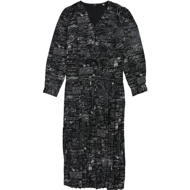 Tahari Womens Printed V Neck Pleated Dress, black, L