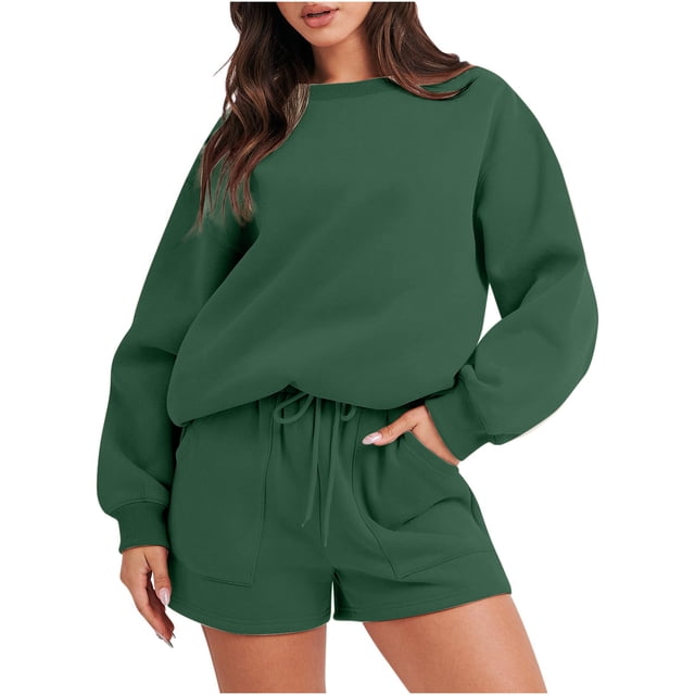 Ensemble de 2 Pcs pour Femmes 2023 Couleur Unie Mode Blouse Col Rond Manches Longues Hauts Chandail en Molleton Shorts Ensemble Décontracté en Solde