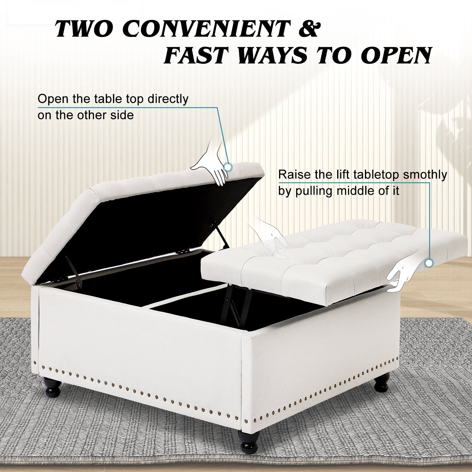 Magic Union 35 Inch Extra Large Ottoman with Storage, Large Square Storage Ottoman Coffee Table with Lift Top Tufted Linen Look upholstered Ottomans for Living Room-White